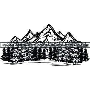 May include: Black and white silhouette of a mountain range with a forest of pine trees in the foreground.