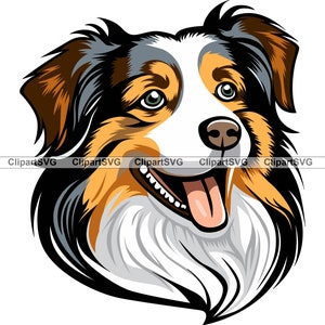 Australian Shepherd lächelnd Hundekopf Welpe Gesicht Hunderasse Tier Haustier Portrait Print Cartoon Zeichnung Kunst Logo Tattoo Design SVG PNG Cut