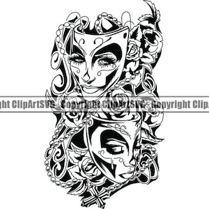 Máscaras tristes felices #1 Ríe ahora llora después Payaso Mujer Cara Gángster Motociclista Matón Tatuaje Teatro.SVG .PNG Clipart Vector Cricut Corte Corte