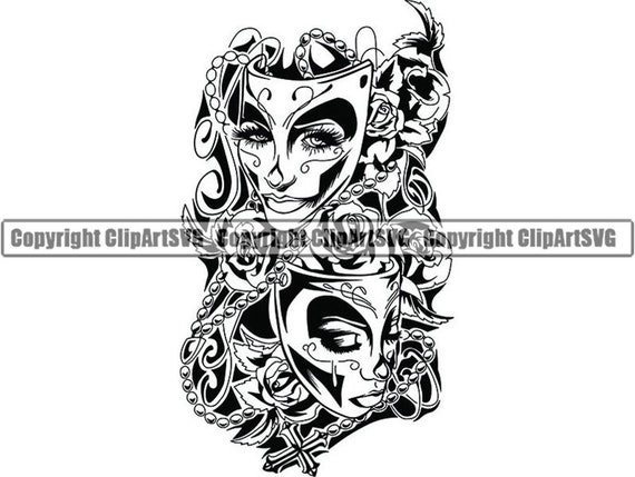Happy Sad Masks #1 Laugh Now Cry Later Clown Female Woman Face Gangster  Biker Thug Tattoo Theater.SVG .PNG Clipart Vector Cricut Cut Cutting