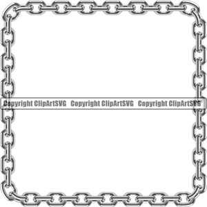 May include: A square frame made of shiny silver metal chain links. The chain forms a continuous loop, with each link clearly defined. A horizontal bar across the center of the frame displays the text "Copyright CLIPArtSVG Copyright CLIPArtSVG Copyright CLIPArtSVG".