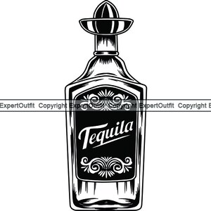 Può includere: Illustrazione in bianco e nero di una bottiglia di tequila con un tappo a forma di sombrero. La bottiglia ha un'etichetta che dice "Tequila".