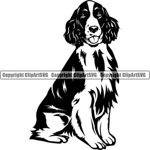 May include: Black and white silhouette of a Springer Spaniel dog sitting with its ears perked up and tongue sticking out.