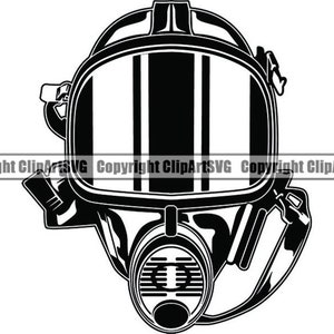 May include: Black and white silhouette of a gas mask with a large, round visor and a filter on the bottom. The visor has two vertical stripes.