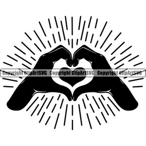 Mano haciendo forma de corazón en forma de rayos de sol amor cuidado familiar diseño de arte cita símbolo elemento de diseño logotipo SVG PNG vector Cricut Cut File