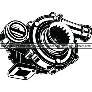 May include: Black and white illustration of a turbocharger, a component used in internal combustion engines to increase power output.