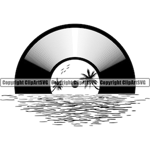 Retro Schallplatte Palme Ozean Paradies Urlaub Sonnenuntergang Musik Plattenspieler Album Club Sound Art Design Logo SVG PNG Vektor Clipart geschnitten Datei