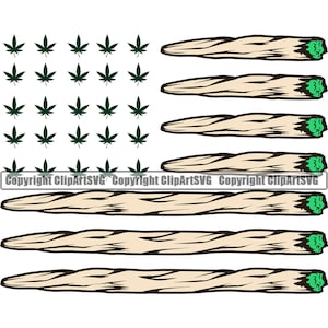 May include: An American flag design with green marijuana leaves in the top three stripes and brown and beige marijuana joints in the bottom four stripes. The text "Copyright ClipArtSVG" appears at the bottom of the image.