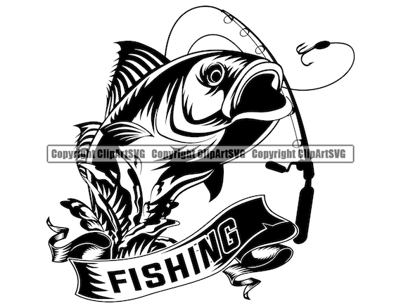 Fishing Logo Fish Pole Fresh Salt Water Lake River Ocean Deep Sea Trout  Sport Game Reel Boat Bass Perch SVG PNG Clipart Vector Cut Cutting