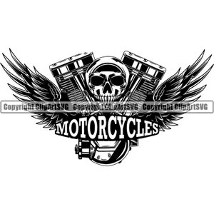 May include: Black and white illustration of a motorcycle engine with wings and a skull. The text "MOTORCYCLES" is written below the engine.