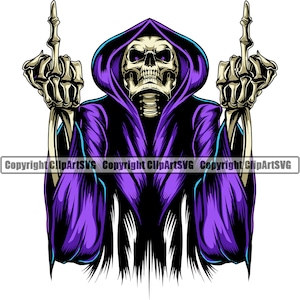 Sensenmann Schädel Skelett Grinsen grinsend Mittelfinger Tod Evil Kill Killer Gespenst Tattoo Hölle Art Logo SVG PNG Vektor Clipart Cut
