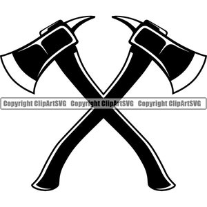 May include: Two black axes crossed over each other. The axes have a sharp blade and a wooden handle.