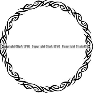 May include: Black and white tribal design circle frame. The frame is made up of a series of interlocking swirls and curves.