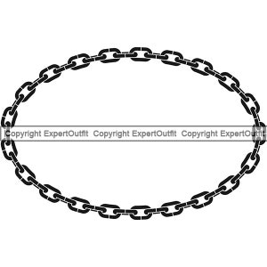 May include: Black and white illustration of a chain link oval frame. The chain links are connected to form a continuous oval shape.