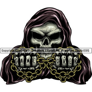 Sensenmann Schädel Skelett grinsend grinsend Spiel über Kette Tod Evil Kill Killer Gespenst Tattoo Hölle Art Logo SVG PNG Vektor Clipart Cut
