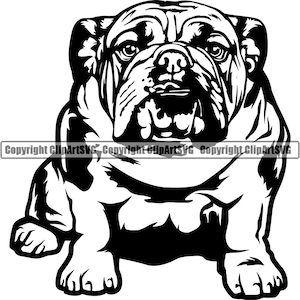 Engelse Bulldog Hond Zit Zittend Ras Glimlachend Happy Paw Puppy Pup Pet Art Cartoon Cute Rescue Logo SVG PNG Clipart Vector Cricut Cut Cutting