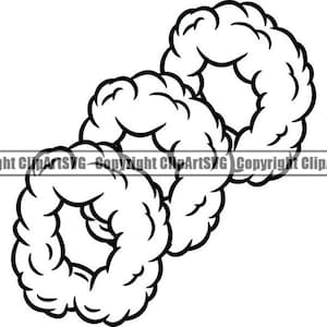 May include: Black and white line art illustration of three connected rings, each with a fluffy, cloud-like texture.
