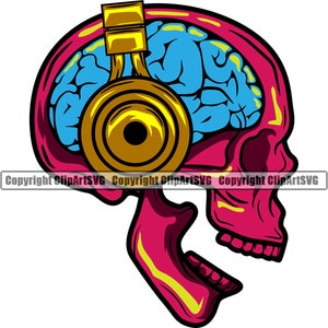 Musik Schädel Kopfhörer Gehirn DJ DJ Turntable Spin Plattenspieler Mixer Disc Jockey Vinyl Club Design Logo SVG PNG Vektor Clipart geschnitten Datei