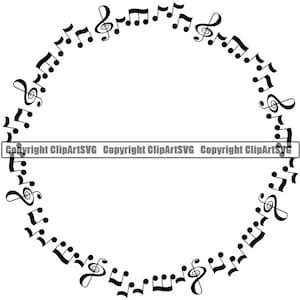 May include: Black and white musical note border. The notes are arranged in a circle around a blank space. Copyright ClipArtSVG.