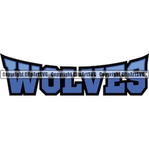 Puede incluir: Un diseño gráfico azul y negro con la palabra "WOLVES" en una fuente en negrita y estilizada.