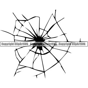 May include: Black and white illustration of a cracked window pane. The cracks radiate outwards from a central point, creating a spiderweb pattern.