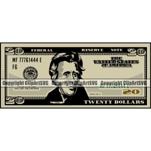 20 Twenty Dollar Bill Papiergeld Bargeld Rich Dead Präsident Banknote Usd Reichtum Ad Zeichen Art Design Element Logo SVG PNG Clipart Vektor Cut