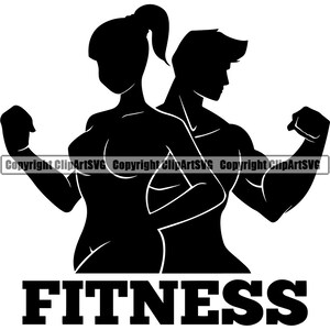May include: Black and white silhouette of a man and woman flexing their biceps with the word "FITNESS" below them.