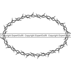 May include: Black barbed wire oval design. The design is a continuous line of black barbed wire, forming an oval shape. The text "Copyright ExpertOutfit" is printed across the center of the oval.