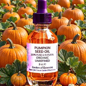 Puede incluir: Una botella de vidrio transparente de aceite de semilla de calabaza con un cuentagotas morado, sobre un fondo de calabazas naranjas y hojas verdes. La etiqueta dice "Pumpkin Seed Oil, 100% Pure & Natural Organic Unrefined, 2 oz e."
