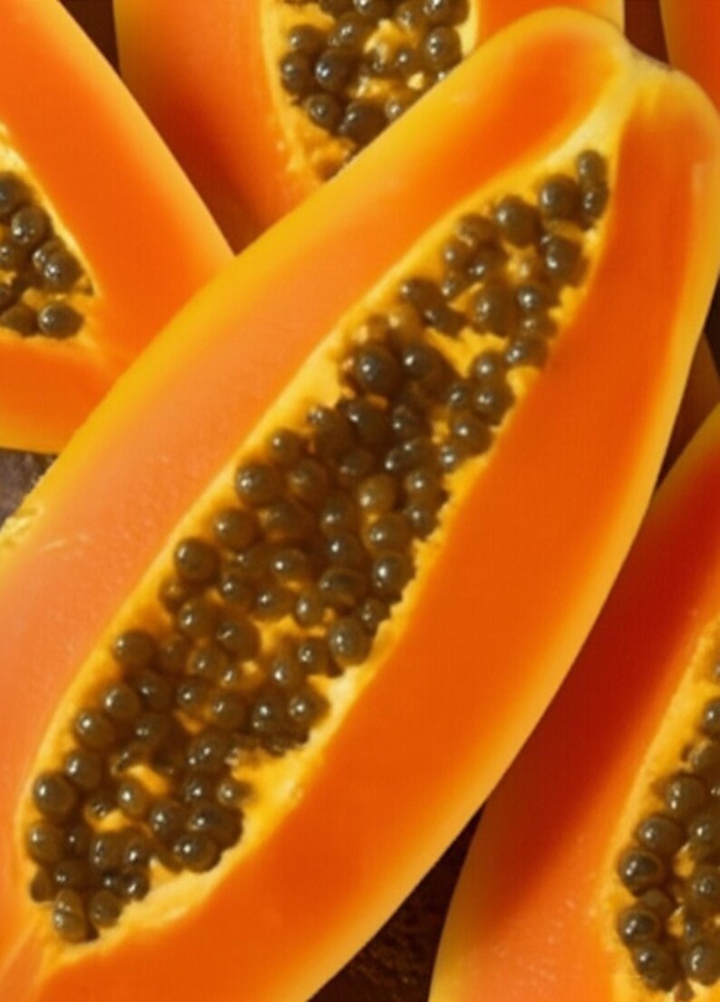 K&ouml;nnte beinhalten: Mehrere H&auml;lften einer reifen Papaya mit leuchtend orangefarbenem Fruchtfleisch und einer zentralen H&ouml;hle, die mit zahlreichen kleinen, runden, dunkelbraunen bis schwarzen Samen gef&uuml;llt ist. Die Textur des Fruchtfleisches wirkt glatt und feucht.