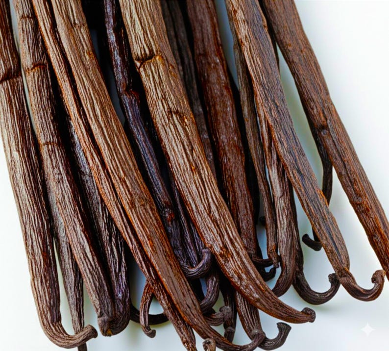 May include: A bunch of dried vanilla beans, brown in color, with a slightly wrinkled texture. The beans are arranged in a fan shape, with the tips of the beans pointing towards the top of the image.
