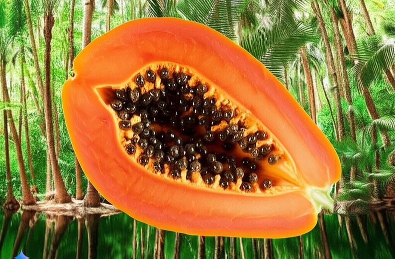 K&ouml;nnte beinhalten: Eine halbierte Papaya mit leuchtend orangefarbenem Fruchtfleisch und einer zentralen H&ouml;hle, die mit zahlreichen kleinen, runden, dunkelbraunen bis schwarzen Samen gef&uuml;llt ist. Die Frucht hat eine glatte, geschwungene Schale und eine weiche, texturierte Innenseite.