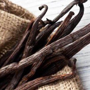 May include: A bunch of dried vanilla beans in a burlap sack. The beans are dark brown and have a slightly wrinkled texture.