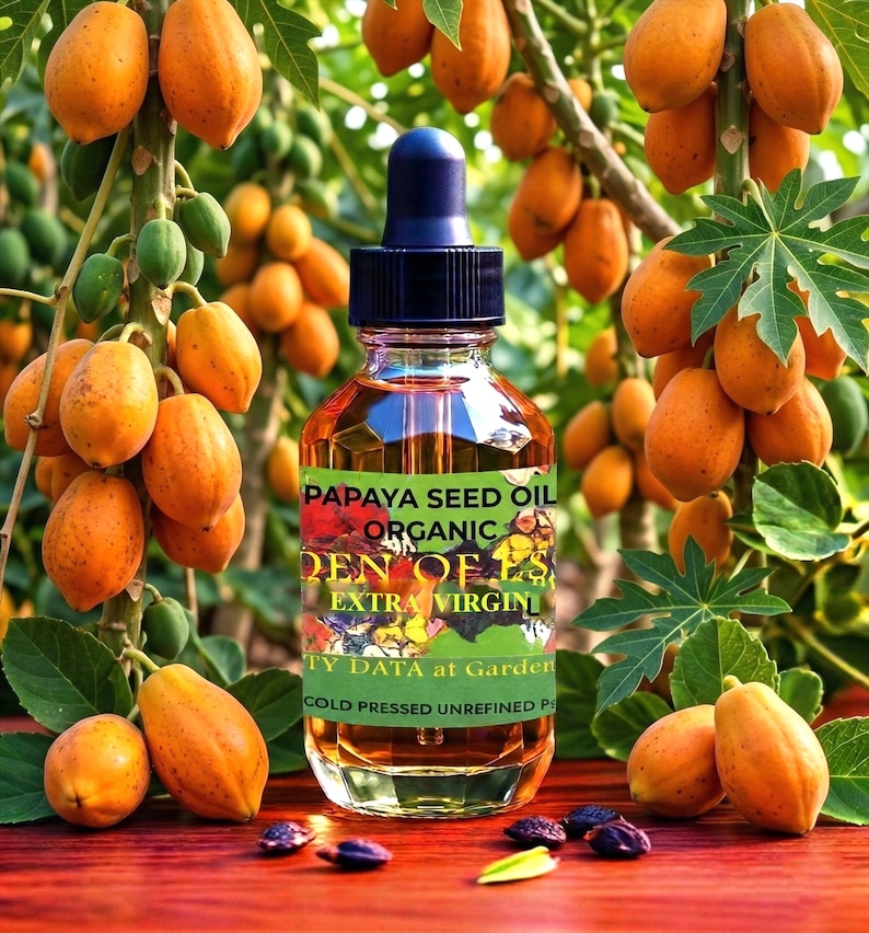 K&ouml;nnte beinhalten: Eine klare Glastropfflasche gef&uuml;llt mit bernsteinfarbener Fl&uuml;ssigkeit, mit einem Etikett, das PAPAYA SEED OIL ORGANIC EXTRA VIRGIN COLD PRESSED UNREFINED liest. Die Flasche steht vor einem Papayabaum mit orangefarbenen Fr&uuml;chten und gr&uuml;nen Bl&auml;ttern.