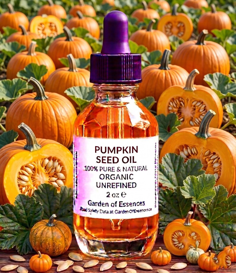 May include: A clear glass bottle of pumpkin seed oil with a purple dropper, set against a backdrop of pumpkins and green leaves. The label reads "Pumpkin Seed Oil, 100% Pure & Natural, Organic, Unrefined, 2 oz e."