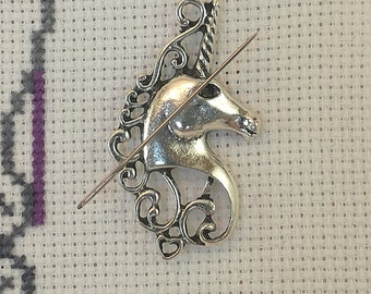 Antique Silver Unicorn Needleminder: Cross Stitch Crafting