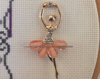 Gold Ballet Dancer Needleminder: Pink Glitter Dress, Rhinestone Details