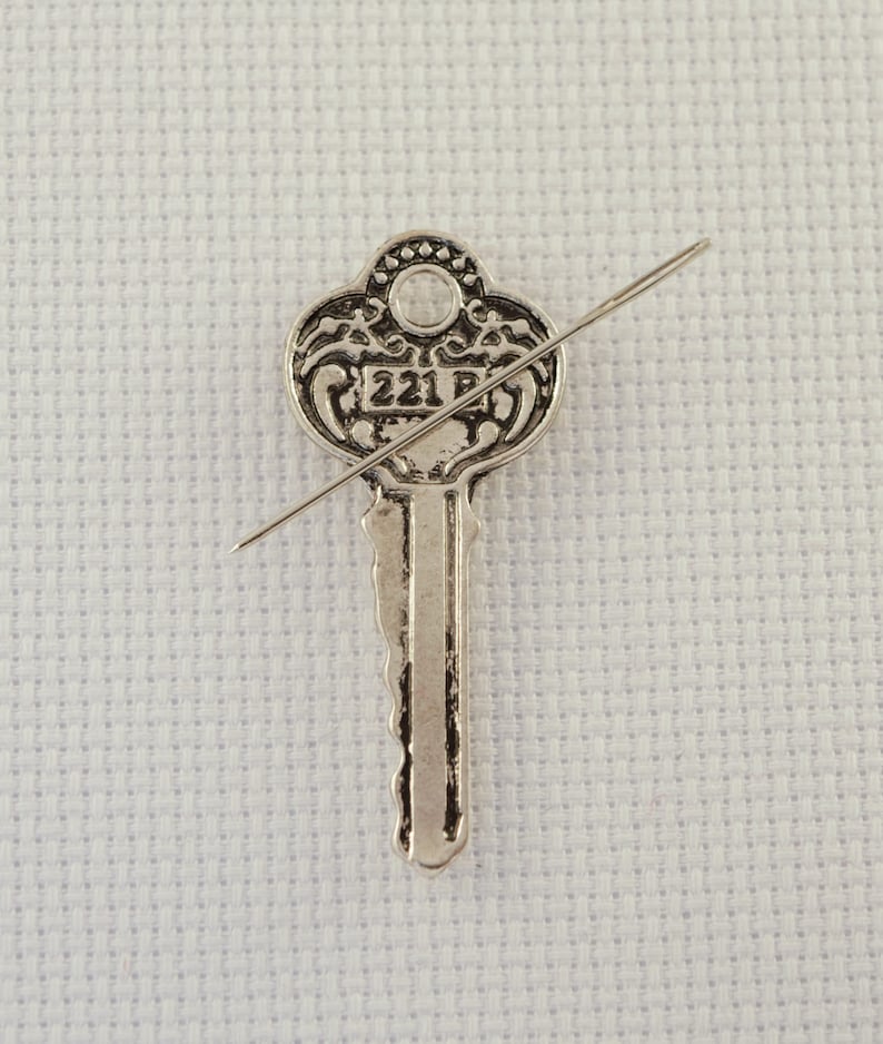 May include: A silver key with intricate details and the number "221" on the bow. A thin silver needle is placed diagonally across the key.