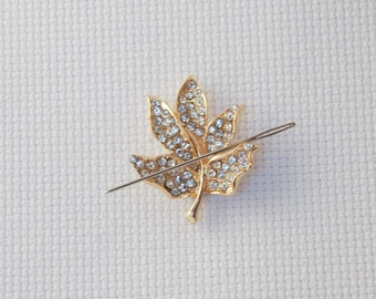 Rhinestone Golden Maple Leaf Needleminder: Cross Stitch Accessory
