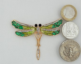 Green Dragonfly Needle Minder / Enamel and Rhinestone Dragonfly Needle Minder