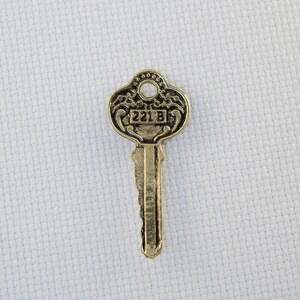 May include: A gold-coloured key with intricate details on the head. The key has a black number "221B" on the head.