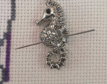 Rhinestone Seahorse Needleminder - Silver Plated Cross Stitch Accessory