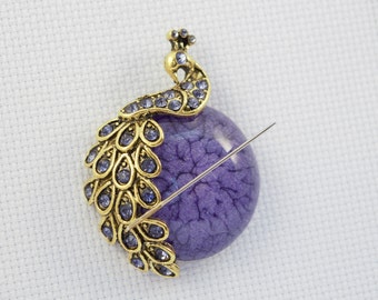 Purple Rhinestone Peacock Needleminder: Cross Stitch Needle Keeper