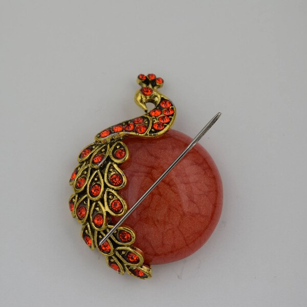 Orange Rhinestone Peacock and Stone Needleminder / Peacock Needleminder / Gemstone Needleminder