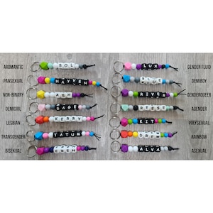 Op de afbeelding: Een set van 14 kleurrijke kralen sleutelhangers met verschillende namen gespeld in zwarte letters. De sleutelhangers zijn gemaakt van siliconen kralen en hebben een zilveren metalen ring.