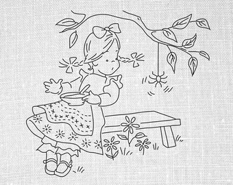 Little Miss Muffet Hand Embroidery Pattern, Embroidery Design, Redwork, Embroidery Hoop Art, Vintage Embroidery Pattern, Nursery Rhyme