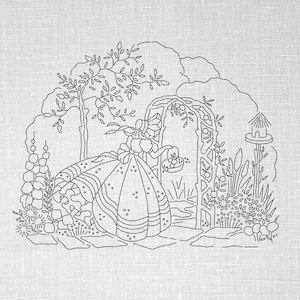 Vintage hoepelrok dame borduurpatroon pdf, digitale download transferontwerp, handborduurwerk downloaden, handborduurpatroon downloaden
