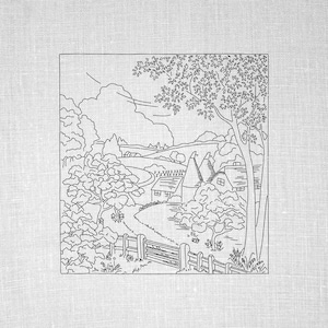 May include: A black and white line drawing of a countryside scene with a winding road leading to a small village. The village has several houses with thatched roofs and a fence in the foreground. There are trees and rolling hills in the background.