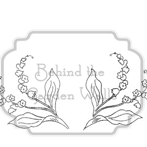 Op de afbeelding: Zwart-witte lijntekening van twee lelietjes-van-dalen-bloemtakken met bladeren. De tekst "Behind the Garden Walls" staat in het midden van de afbeelding.