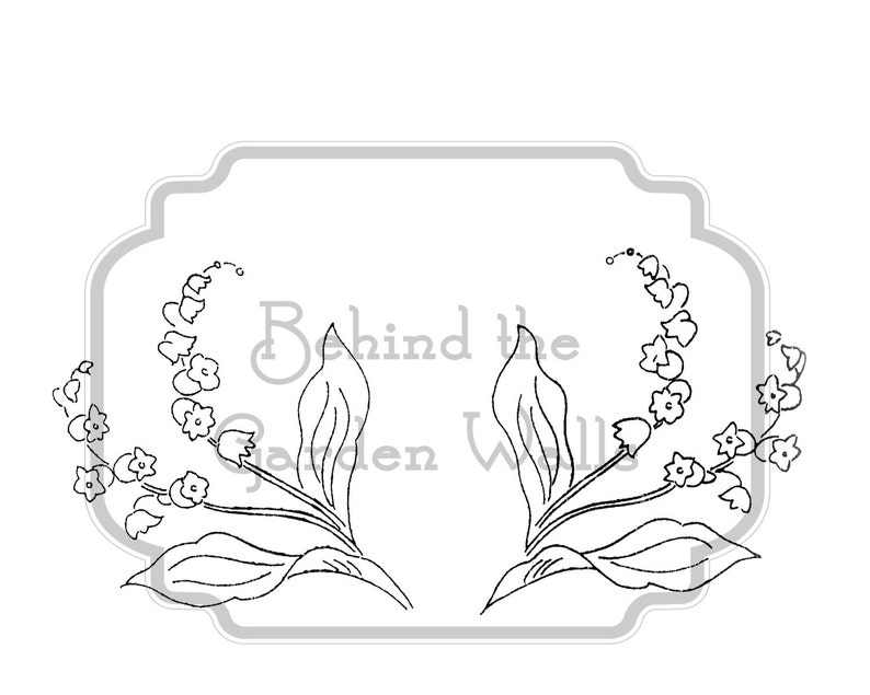 Op de afbeelding: Zwart-witte lijntekening van twee lelietjes-van-dalen-bloemtakken met bladeren. De tekst "Behind the Garden Walls" staat in het midden van de afbeelding.